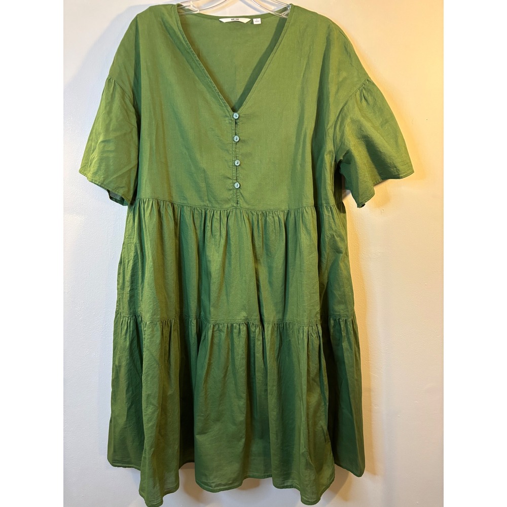 UNIQLO Moss Green Cotton Tiered Popover Dress L